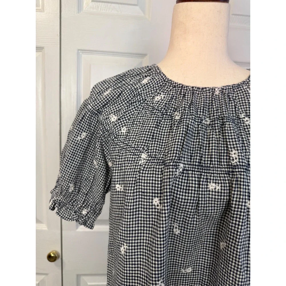 NEW Madewell Linen Blend Gingham Embroidered Floral Puff Sleeve Blouse Top S